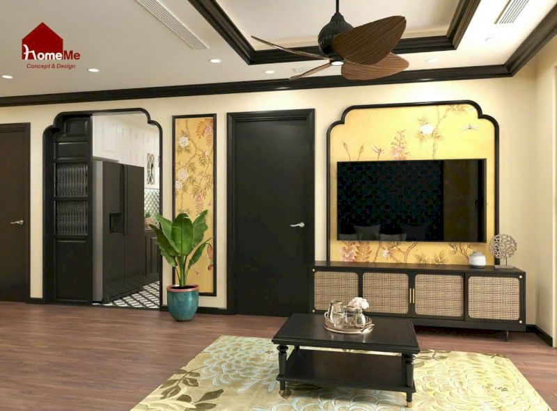 Thiết kế nội thất Indochine HomeMe cho phòng khách 