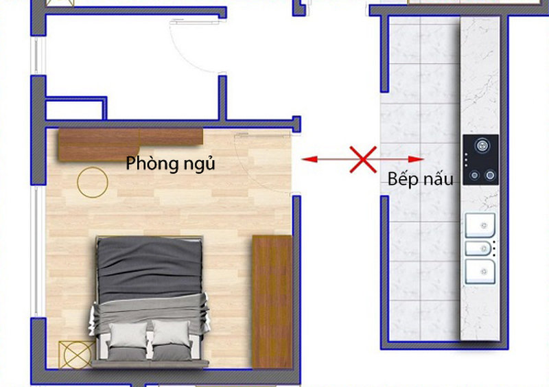 Bếp gần phòng ngủ dễ tạo cảm giác nóng bức và làm giảm sự riêng tư