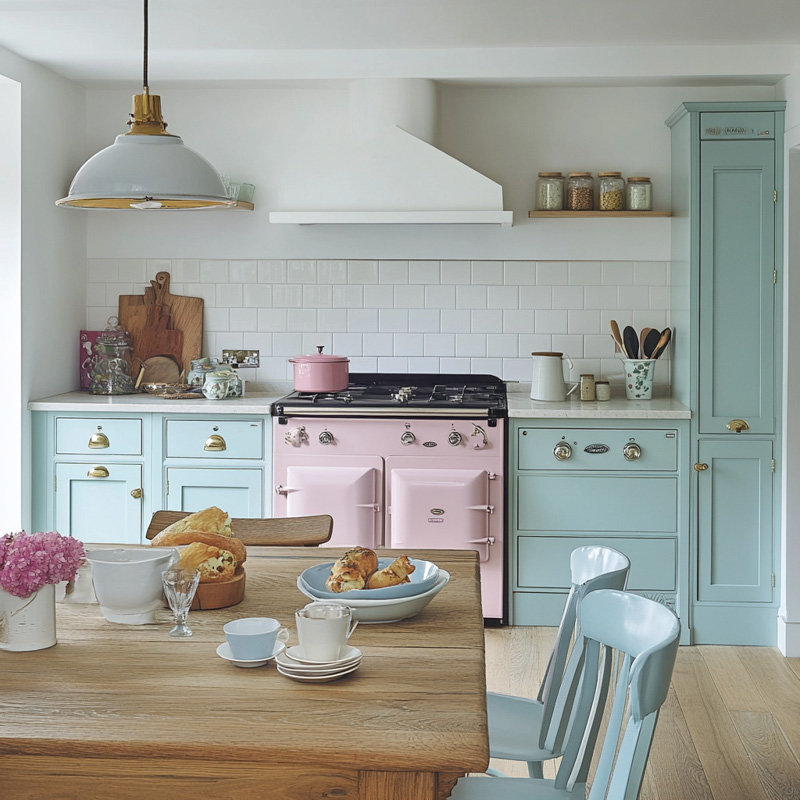 Phòng bếp Vintage – Retro với tông màu pastel nổi bật