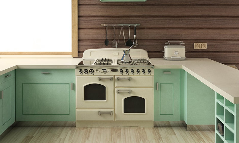 Phòng bếp phong cách Retro với tủ bếp xanh pastel và tay nắm kim loại