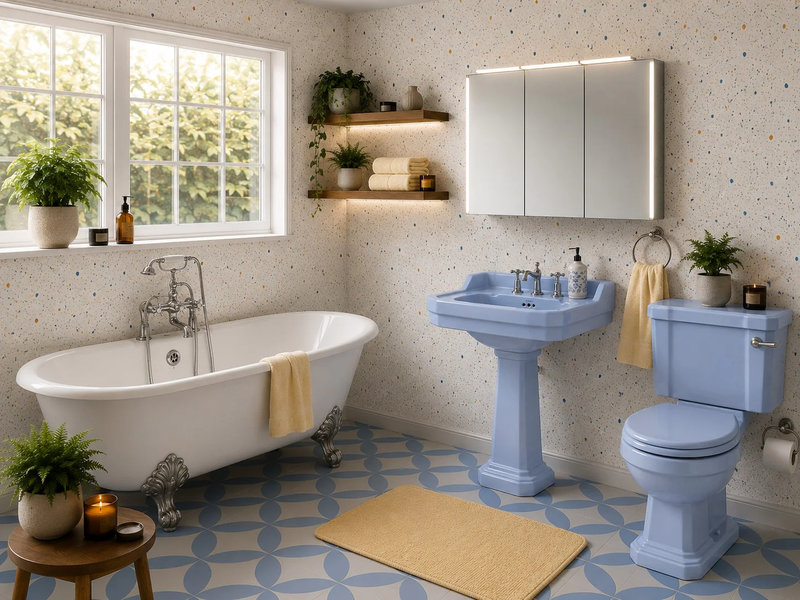 Thiết kế phòng tắm Retro sử dụng gam màu pastel
