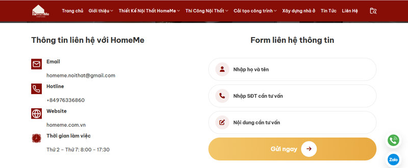 Liên hệ trực tiếp với HomeMe để được tư vấn chi tiết và báo giá thi công nội thất